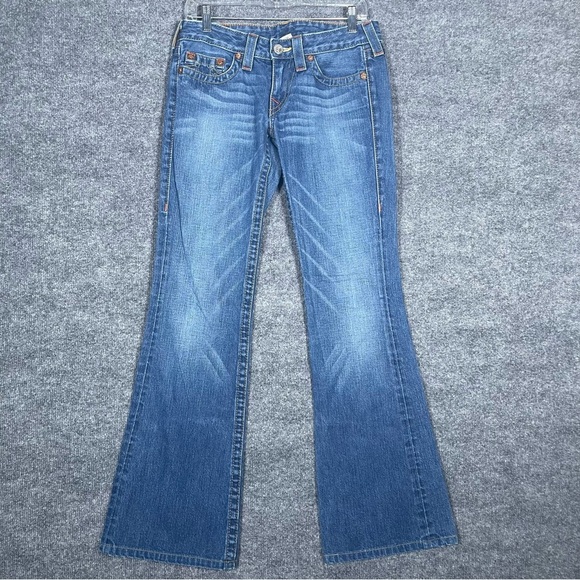 True Religion Women’s 28 Bobby Low Rise Bootcut Blue Jeans Distressed Western - Picture 1 of 12